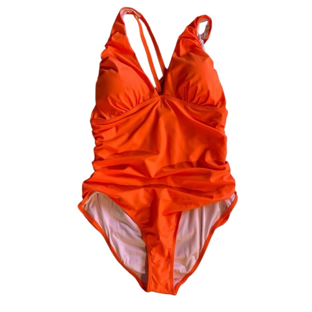 YOUIDAN plus size 2XL neon orange double strap ruched front swimsuit NWT